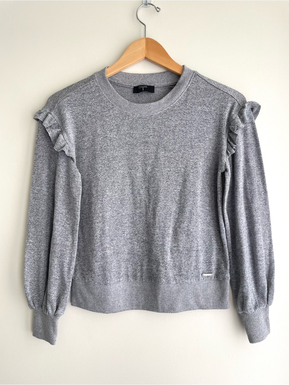 Tahari Gray Crewneck Sweater with Ruffle Trim